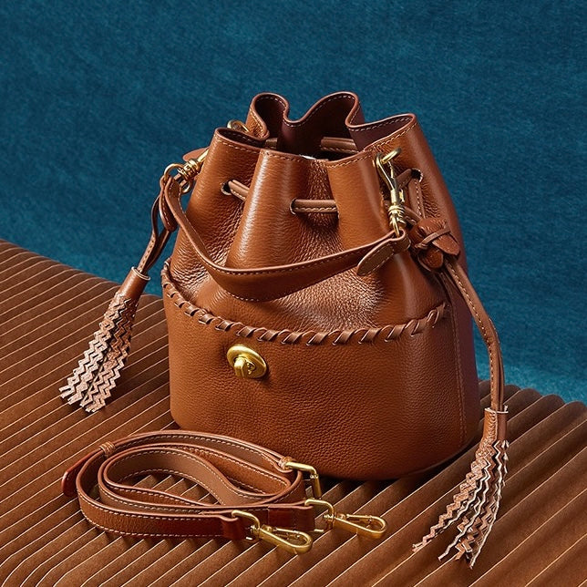 Women's Genuine Leather New Bucket Fringe Handbag Crossbody Bag