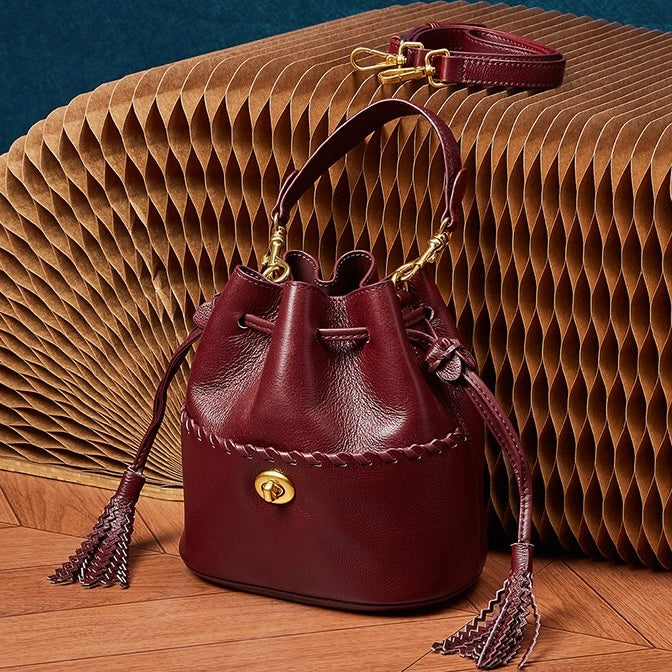 Women's Genuine Leather New Bucket Fringe Handbag Crossbody Bag