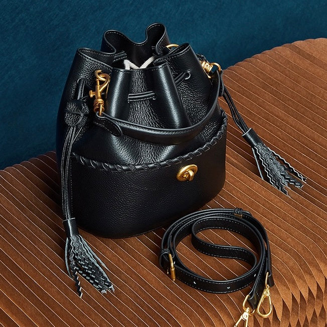 Women's Genuine Leather New Bucket Fringe Handbag Crossbody Bag