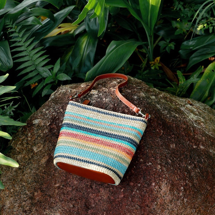 Women's Genuine Leather Summer Color Blocking Straw Woven Bucket Bag