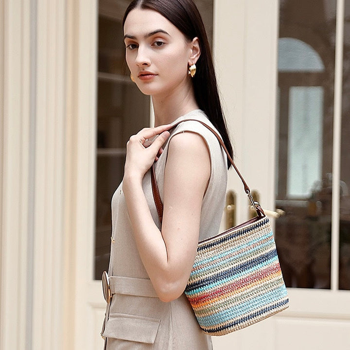 Women's Genuine Leather Summer Color Blocking Straw Woven Bucket Bag