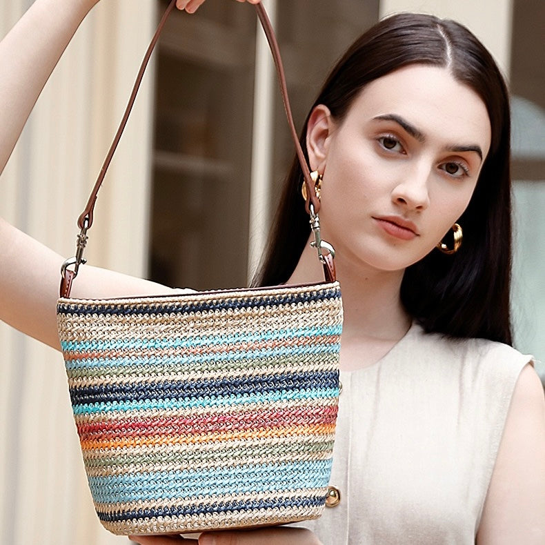 Women's Genuine Leather Summer Color Blocking Straw Woven Bucket Bag
