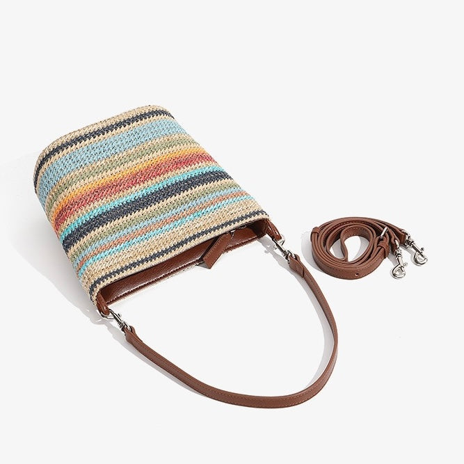 Women's Genuine Leather Summer Color Blocking Straw Woven Bucket Bag