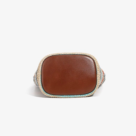 Women's Genuine Leather Summer Color Blocking Straw Woven Bucket Bag