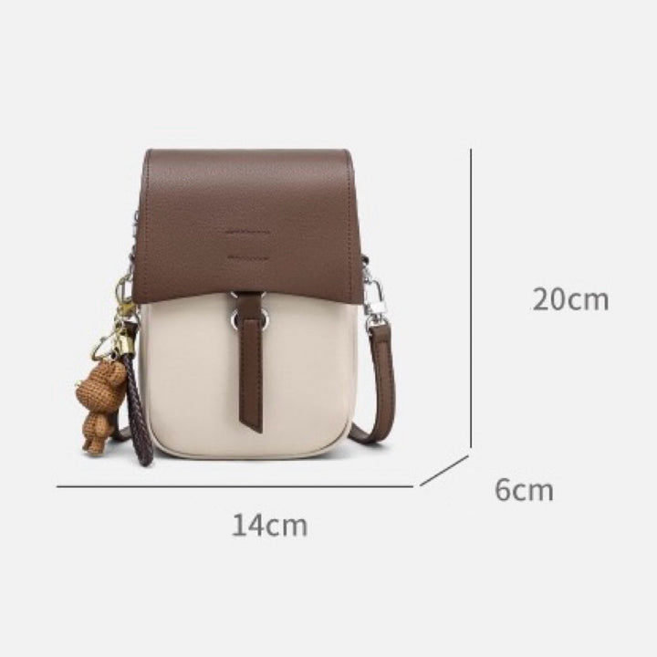 Color-Block Genuine Leather Mini Crossbody Phone Bag with Bear Charm