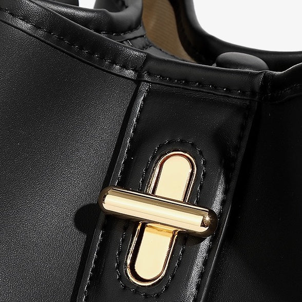 Genuine Leather Premium Lock Mini Bucket Handbag Crossbody Bag for Women