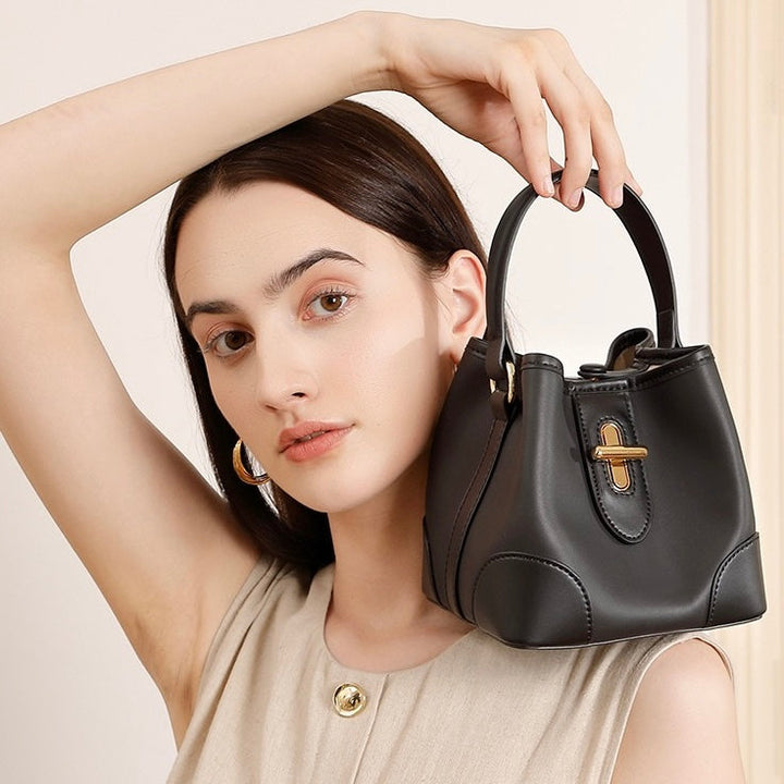 Genuine Leather Premium Lock Mini Bucket Handbag Crossbody Bag for Women