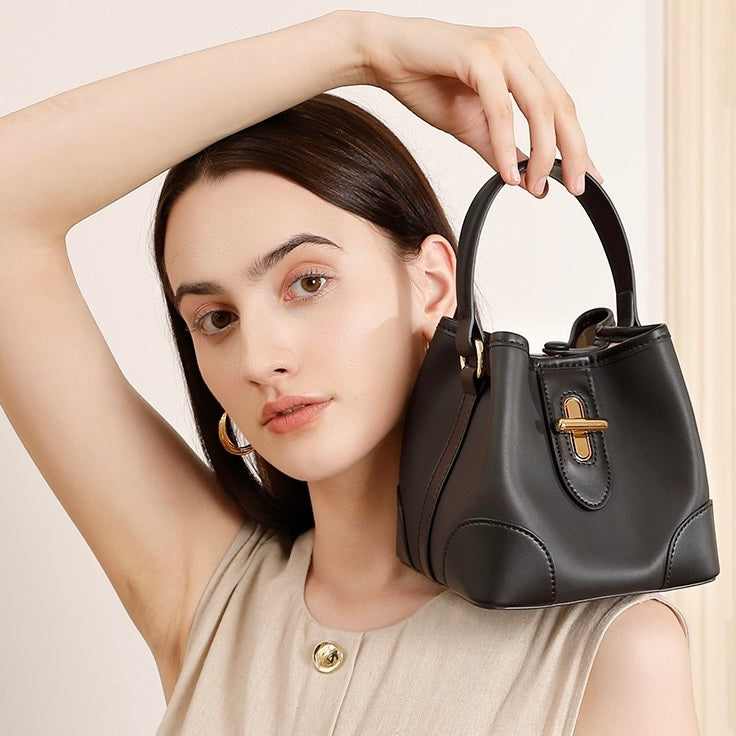 Genuine Leather Premium Lock Mini Bucket Handbag Crossbody Bag for Women