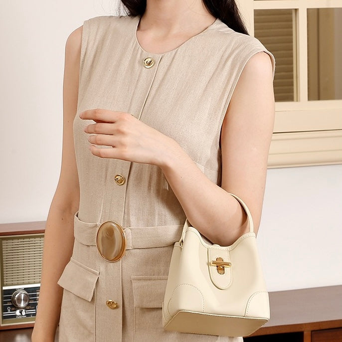 Genuine Leather Premium Lock Mini Bucket Handbag Crossbody Bag for Women