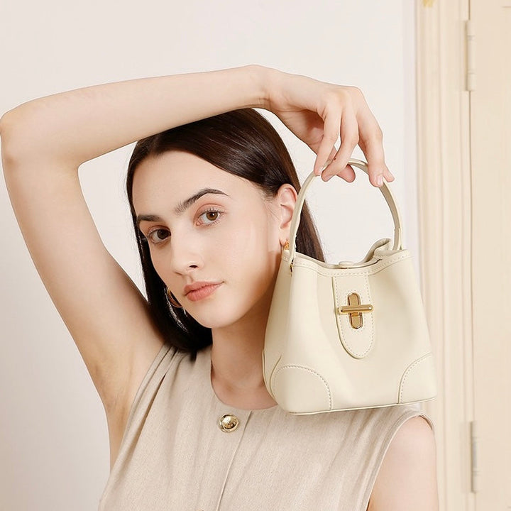 Genuine Leather Premium Lock Mini Bucket Handbag Crossbody Bag for Women