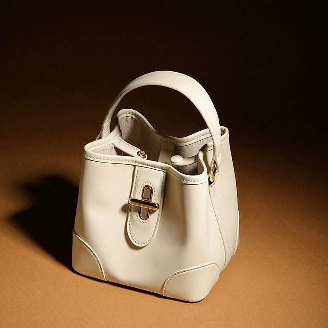 Genuine Leather Premium Lock Mini Bucket Handbag Crossbody Bag for Women