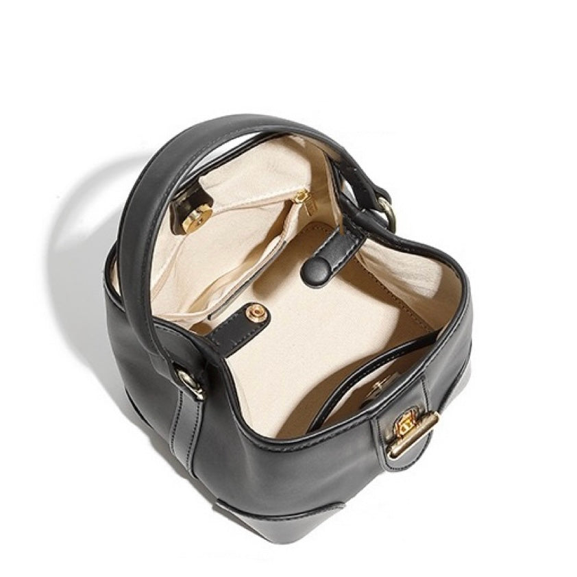 Genuine Leather Premium Lock Mini Bucket Handbag Crossbody Bag for Women