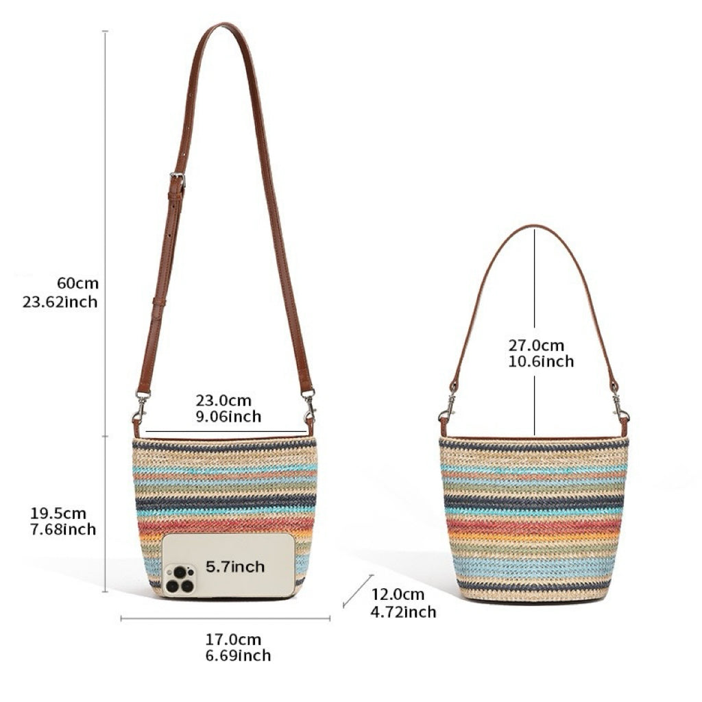 Women's Genuine Leather Summer Color Blocking Straw Woven Bucket Bag