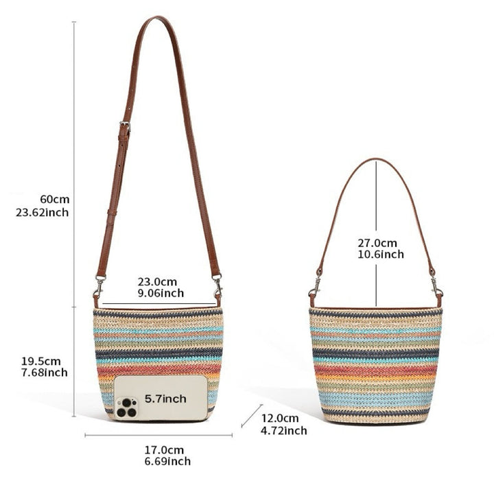 Women's Genuine Leather Summer Color Blocking Straw Woven Bucket Bag