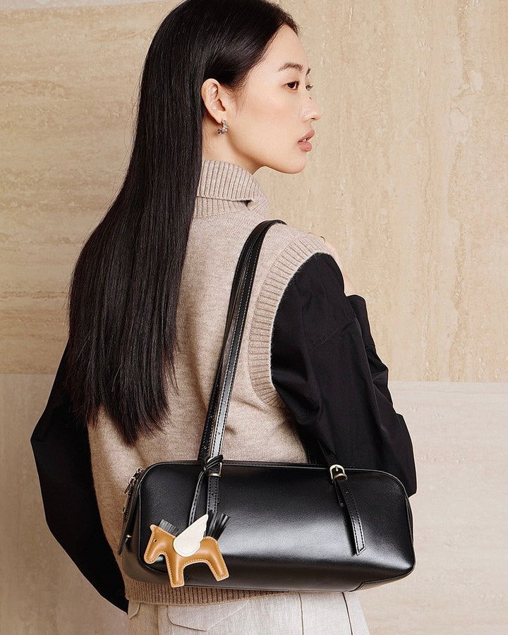 Women's Genuine Leather Retro Bowling Bag with Horse Charm