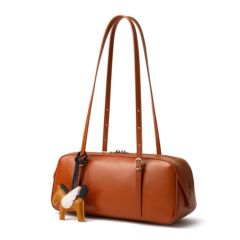 Women's Genuine Leather Retro Bowling Bag with Horse Charm