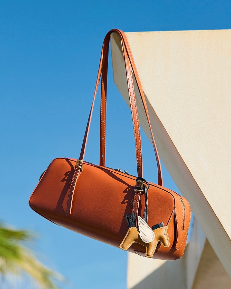 Women's Genuine Leather Retro Bowling Bag with Horse Charm