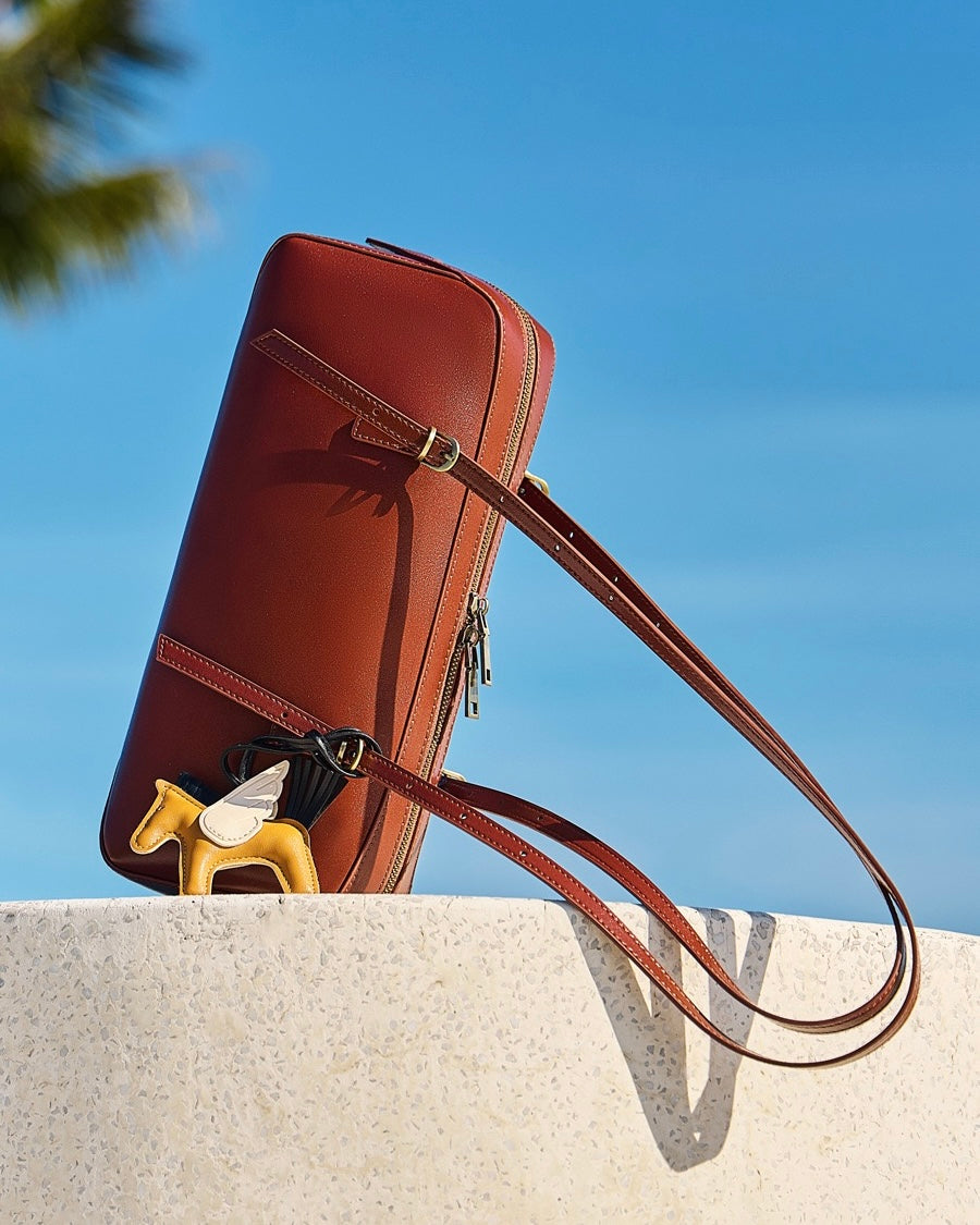 Women's Genuine Leather Retro Bowling Bag with Horse Charm