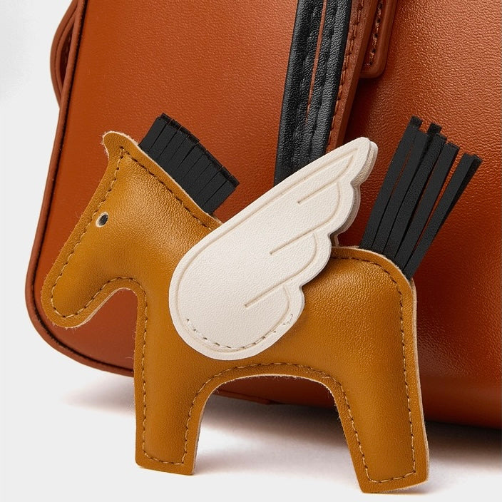 Women's Genuine Leather Retro Bowling Bag with Horse Charm