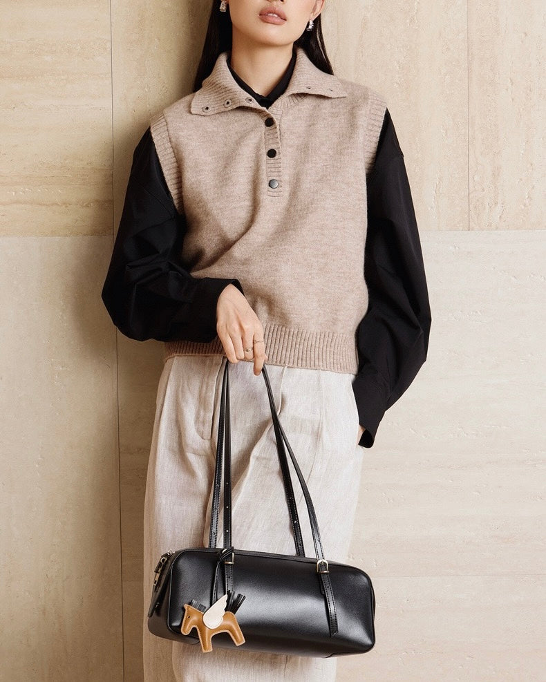 Women's Genuine Leather Retro Bowling Bag with Horse Charm