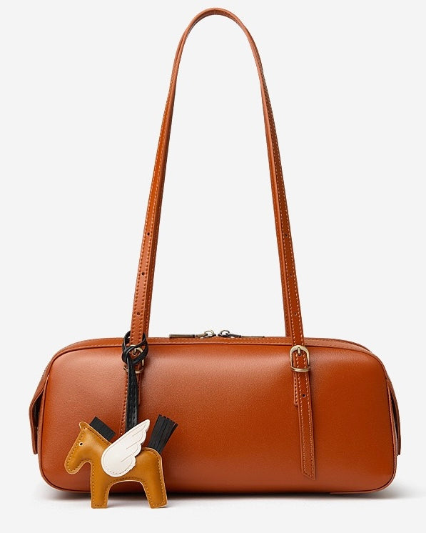 Women's Genuine Leather Retro Bowling Bag with Horse Charm