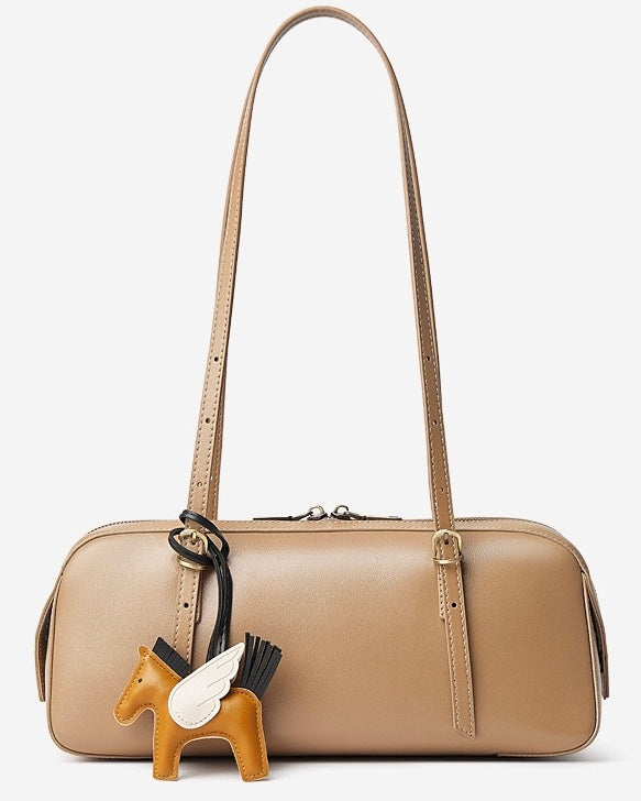 Women's Genuine Leather Retro Bowling Bag with Horse Charm