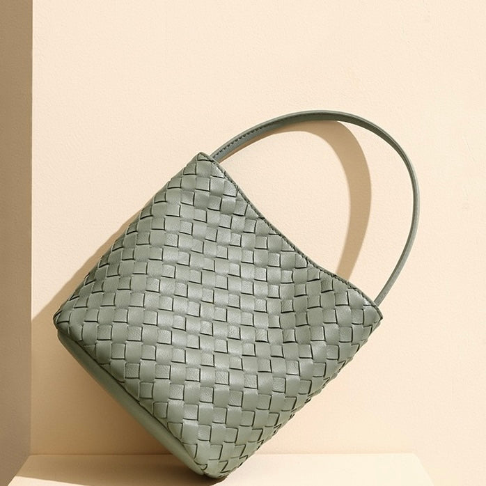 Handmade Women's Genuine Sheepskin Retro Woven Bucket Bag