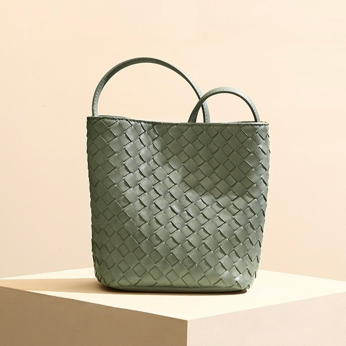 Handmade Women's Genuine Sheepskin Retro Woven Bucket Bag