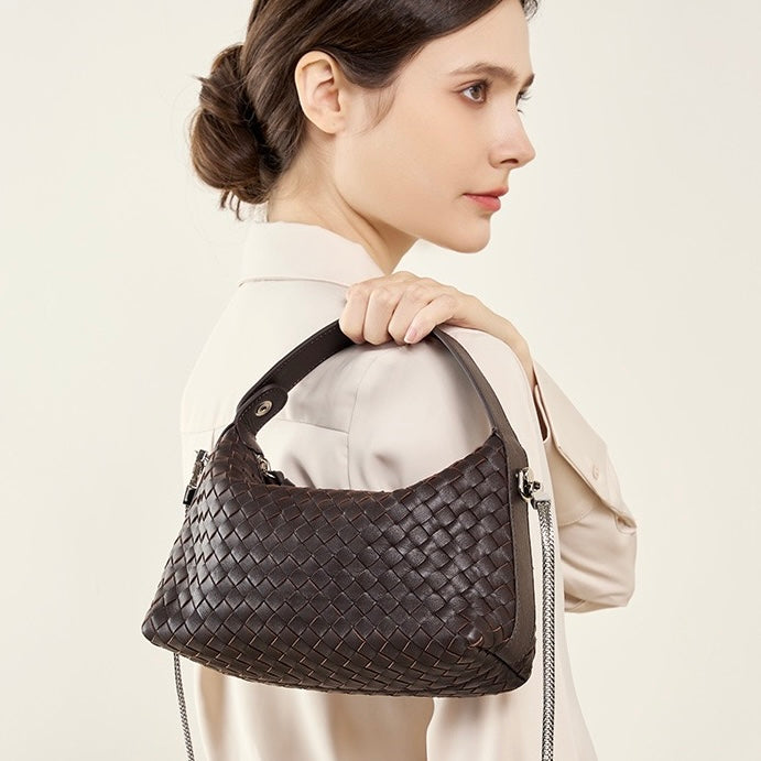 Women’s Genuine Sheepskin Leather Woven Dumpling Clutch Bag with Chain Strap