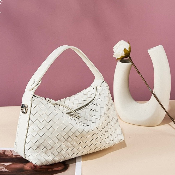 Women’s Genuine Sheepskin Leather Woven Dumpling Clutch Bag with Chain Strap