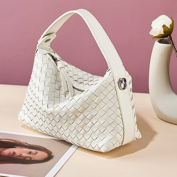 Women’s Genuine Sheepskin Leather Woven Dumpling Clutch Bag with Chain Strap