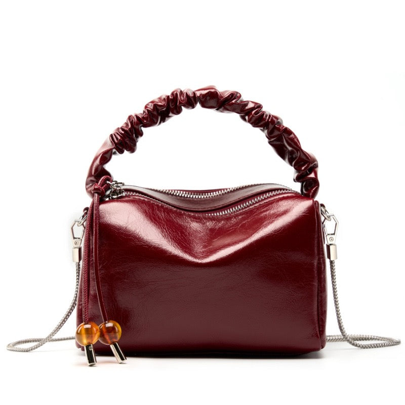 Women's Genuine Leather Beaded Bento Box Handheld Crossbody Bag