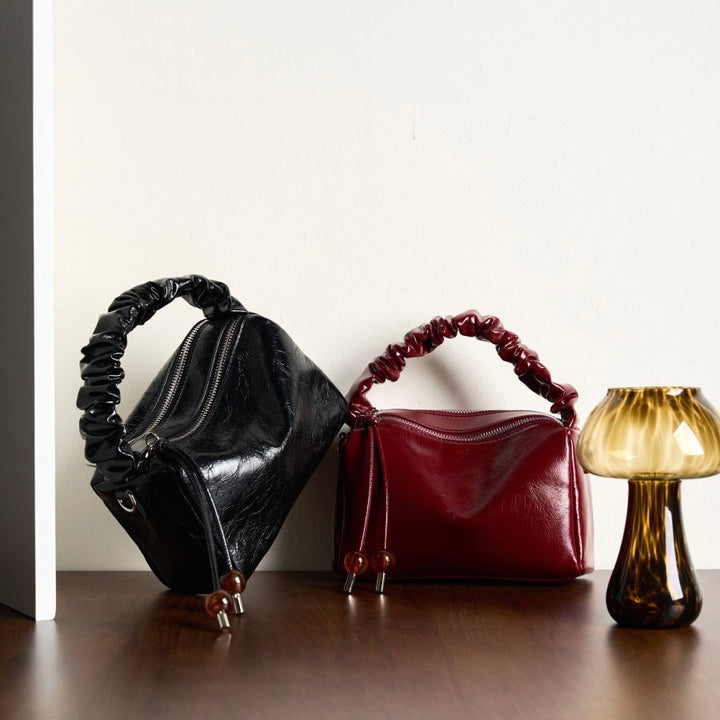 Women's Genuine Leather Beaded Bento Box Handheld Crossbody Bag