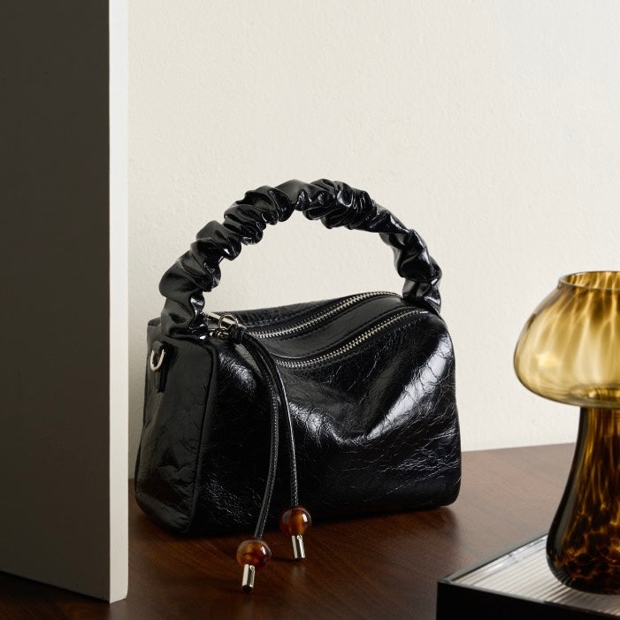 Women's Genuine Leather Beaded Bento Box Handheld Crossbody Bag