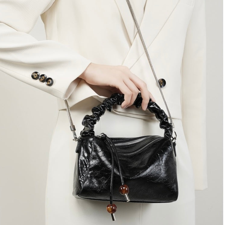 Women's Genuine Leather Beaded Bento Box Handheld Crossbody Bag