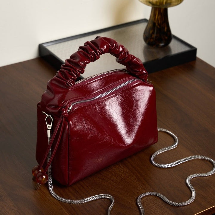 Women's Genuine Leather Beaded Bento Box Handheld Crossbody Bag