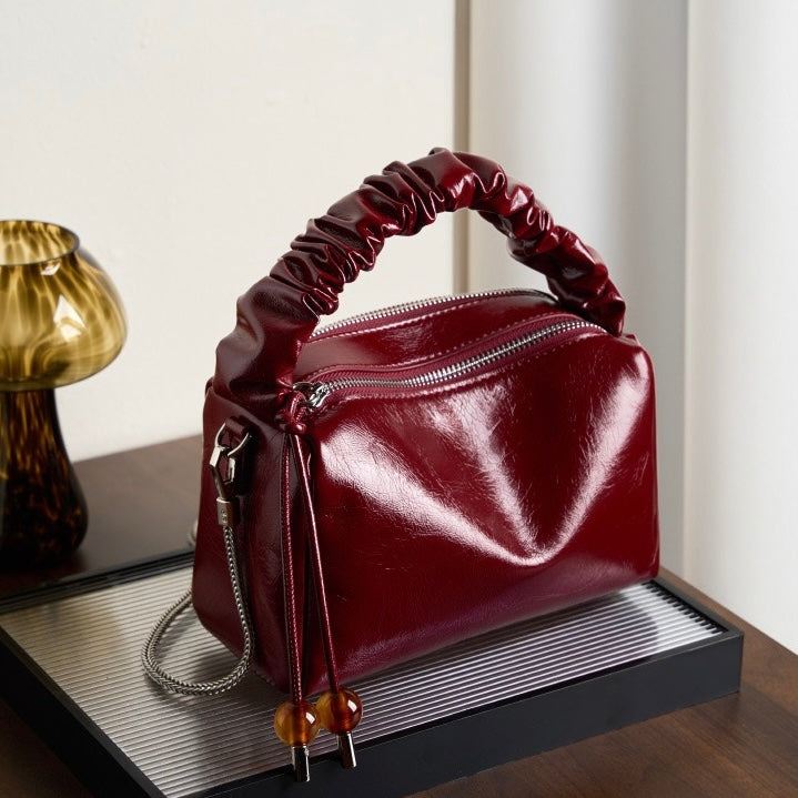 Women's Genuine Leather Beaded Bento Box Handheld Crossbody Bag