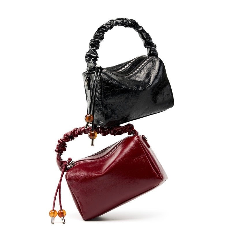 Women's Genuine Leather Beaded Bento Box Handheld Crossbody Bag