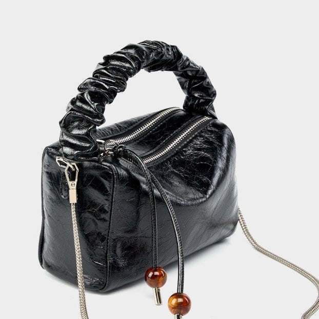 Women's Genuine Leather Beaded Bento Box Handheld Crossbody Bag