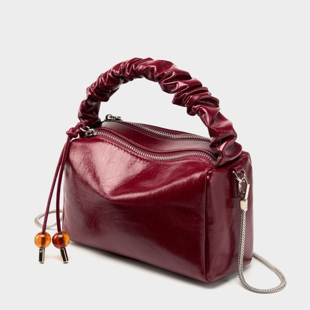 Women's Genuine Leather Beaded Bento Box Handheld Crossbody Bag