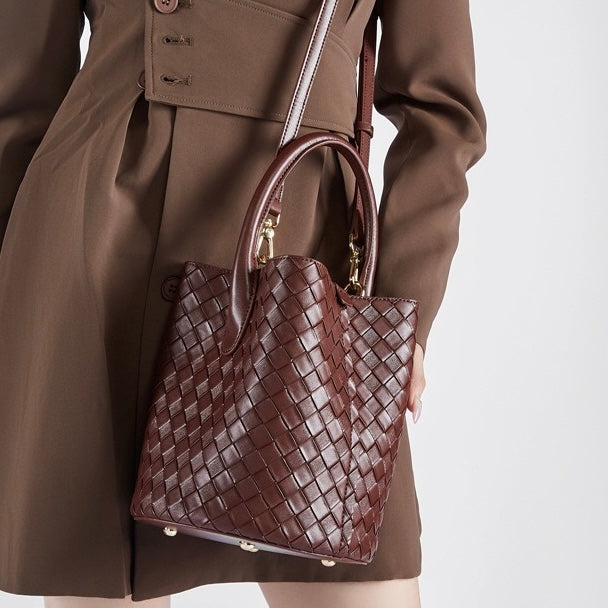 Women’s Luxury Genuine Leather Woven Bucket Crossbody Handbag