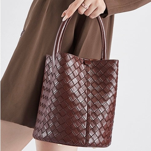 Women’s Luxury Genuine Leather Woven Bucket Crossbody Handbag