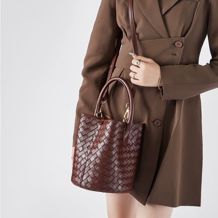 Women’s Luxury Genuine Leather Woven Bucket Crossbody Handbag