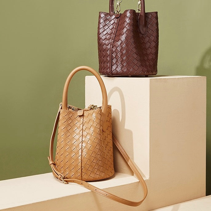 Women’s Luxury Genuine Leather Woven Bucket Crossbody Handbag
