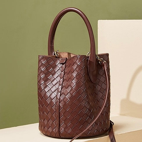 Women’s Luxury Genuine Leather Woven Bucket Crossbody Handbag