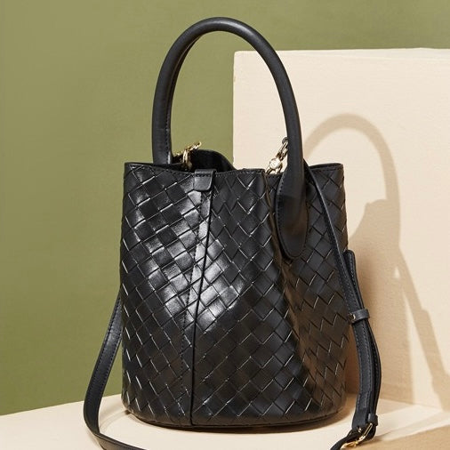 Women’s Luxury Genuine Leather Woven Bucket Crossbody Handbag