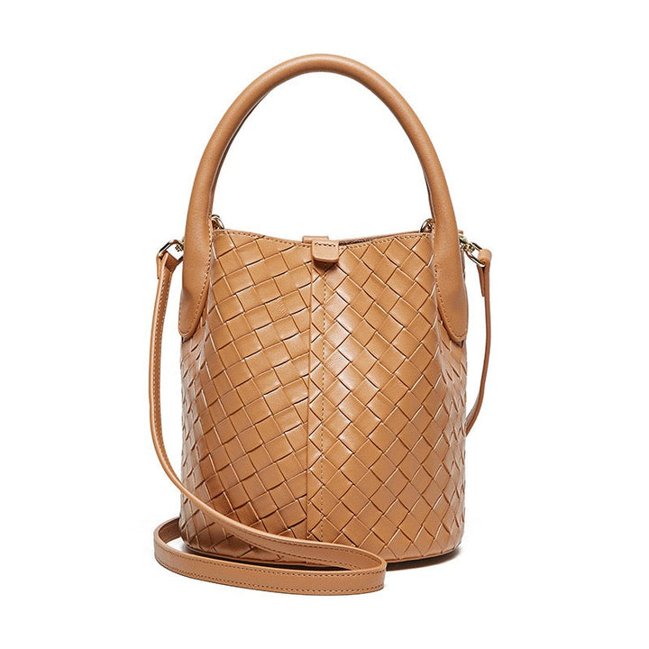 Women’s Luxury Genuine Leather Woven Bucket Crossbody Handbag