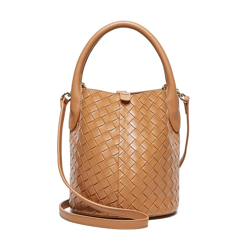 Women’s Luxury Genuine Leather Woven Bucket Crossbody Handbag