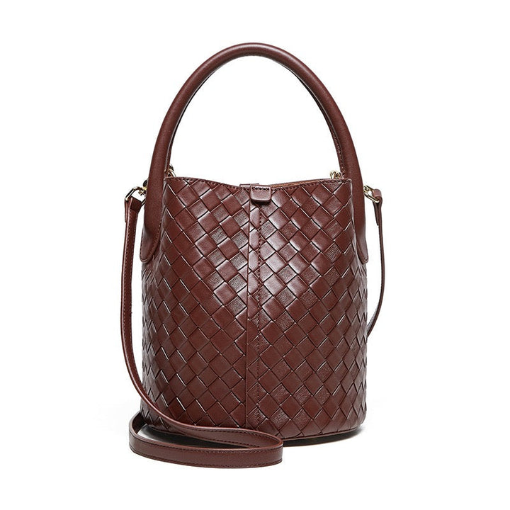 Women’s Luxury Genuine Leather Woven Bucket Crossbody Handbag