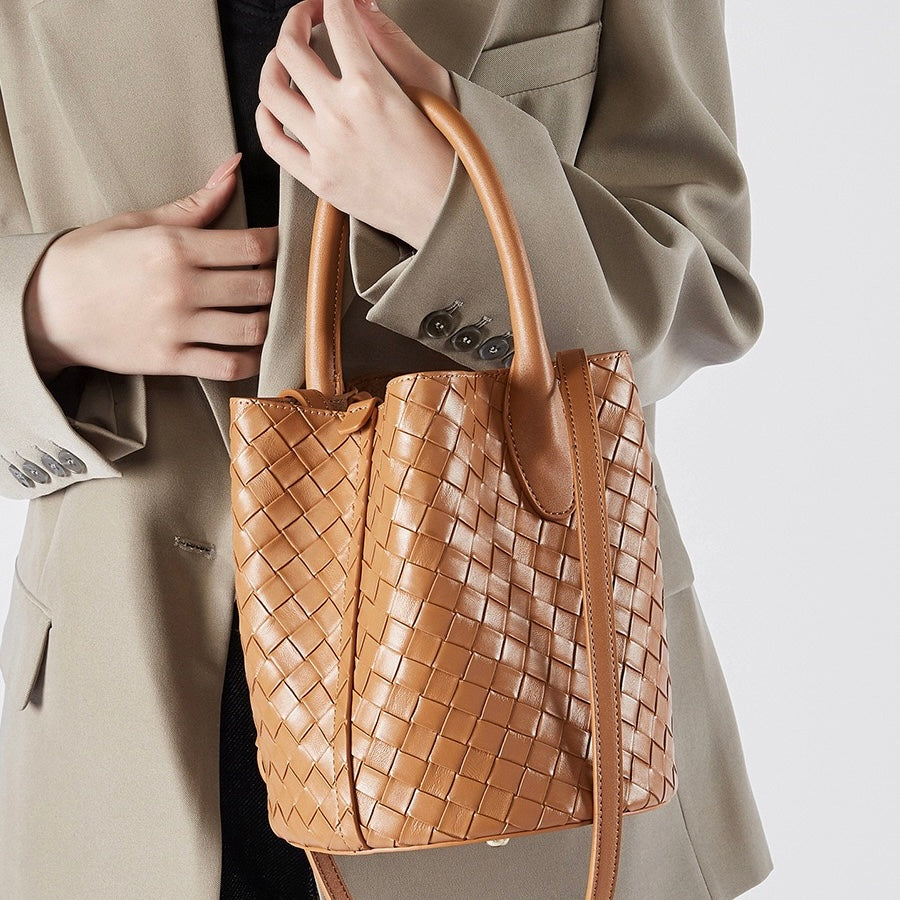 Women’s Luxury Genuine Leather Woven Bucket Crossbody Handbag